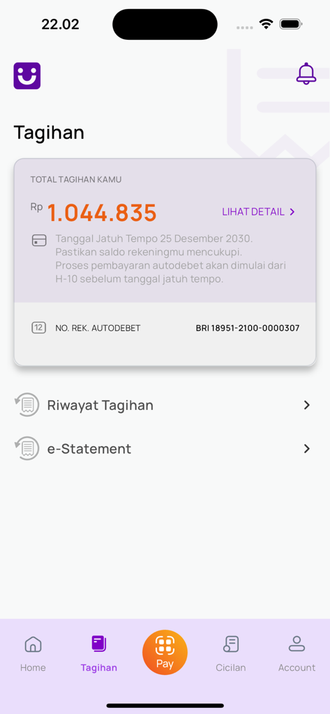 BRI Ceria - Captura de tela do aplicativo móvel BRI Ceria mostrando o valor total da conta e a data de vencimento do pagamento
