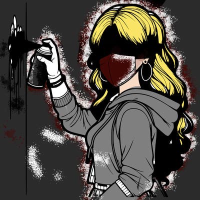 realistic girl with mask spray painting a wall