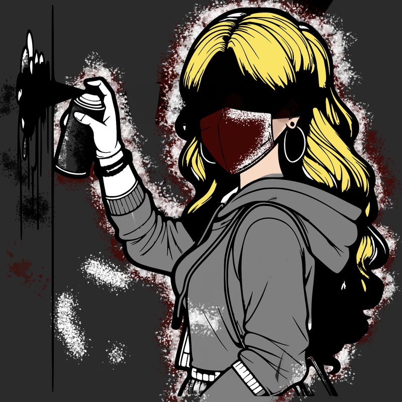 realistic girl with mask spray painting a wall