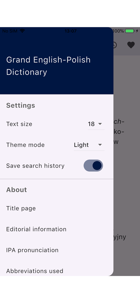 Settings menu of the Grand English-Polish Dictionary mobile app showing text size and theme options