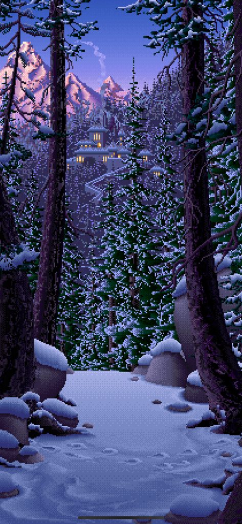 Living Worlds - Mark Ferrari - Pixel art scene of a snow-covered mountain forest with an illuminated village in the background under a twilight sky.
