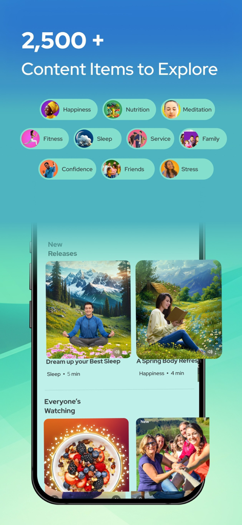 Innergy app screen displaying a wide range of wellness content categories including meditation sleep and nutrition