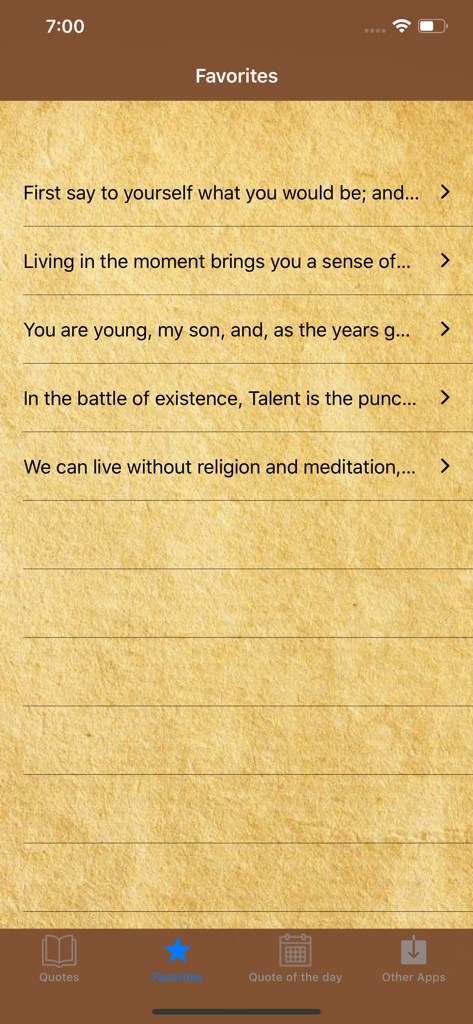 Quotes & Status in English - アプリインターフェース内の、羊皮紙風の背景にブックマークされたお気に入りの引用のリスト