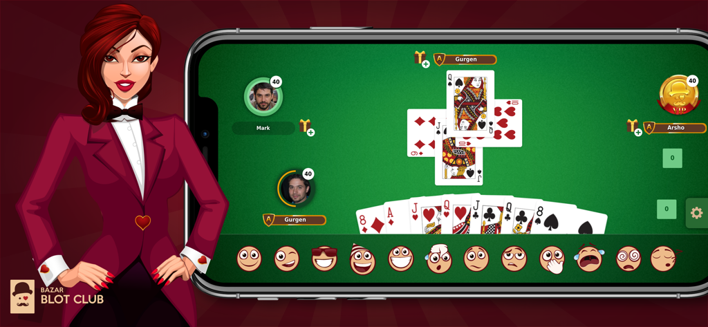 Bazar Blot Club - Bazar Blot Club mobile card game interface showing a green table with cards and player avatars