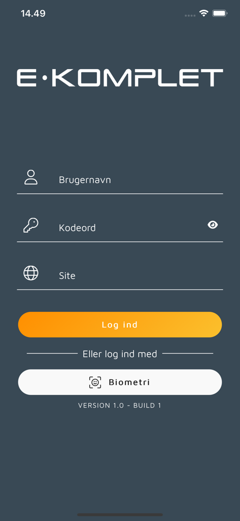 E-Komplet - Pantalla de inicio de sesión de la aplicación de gestión de proyectos E-Komplet con campos de nombre de usuario y contraseña y opción de inicio de sesión biométrico