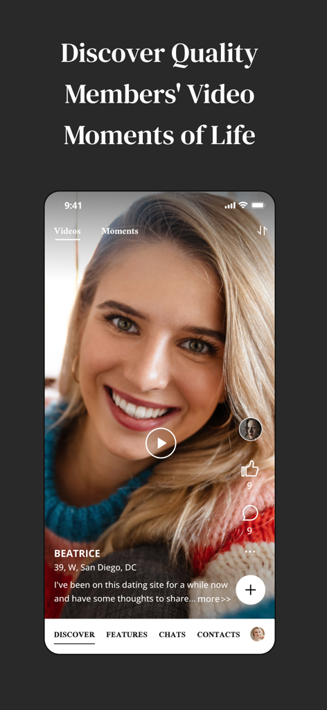 Video profile of a quality member on the MM Elite dating app interface