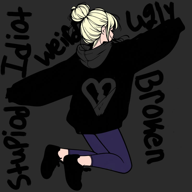 realistic girl jumping with a bun and oversized sweatshirt