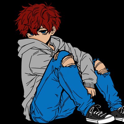 a male hoddie ripped jeans messy hair anime