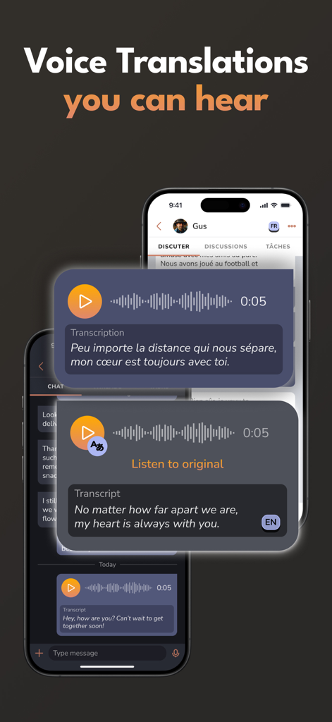 FlaiChat: Instant Translations - Captura de pantalla de la aplicación FlaiChat que muestra un mensaje de voz siendo traducido de francés a inglés en una conversación de chat.