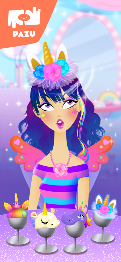 A character with blue hair and a unicorn horn headband choosing from various unicorn themed accessories in a styling salon.