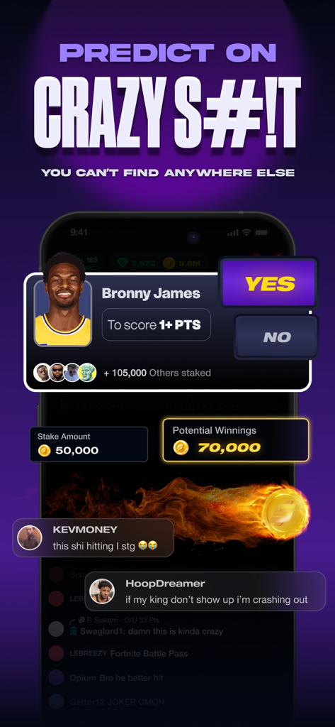Stadium Live app screen showing a basketball player prediction with virtual coin stakes and live fan chat