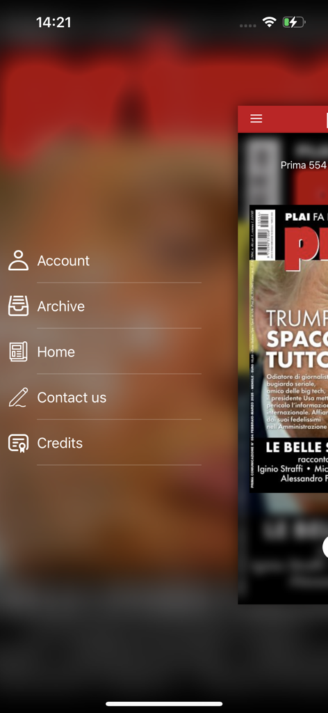 Prima Comunicazione - 계정, 보관함 및 홈 링크가 있는 Prima Comunicazione 모바일 앱의 사이드바 탐색 메뉴