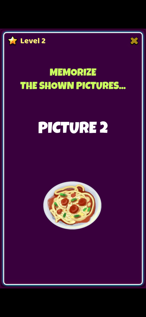 Brain Teaser Mind Game - 두뇌 퀴즈 마인드 게임의 기억력 챌린지 화면, 레벨 2를 위해 기억해야 할 스파게티 접시 표시