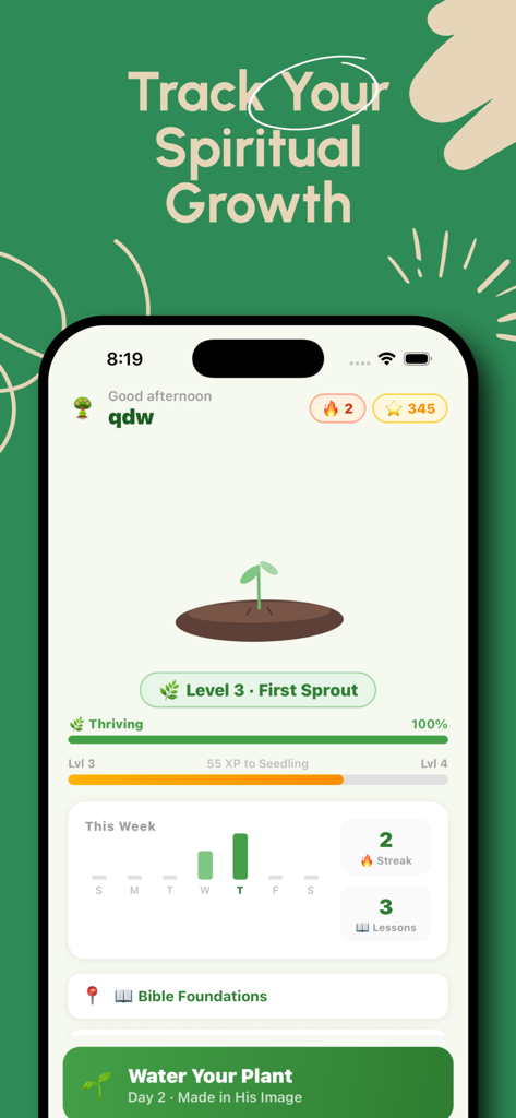 Plantd: Bible & Devotionals - Interfaz de la aplicación Plantd que muestra el seguimiento del crecimiento espiritual con un brote virtual y rachas diarias.