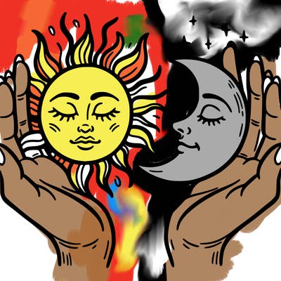 two hands one with the sun one with the moon