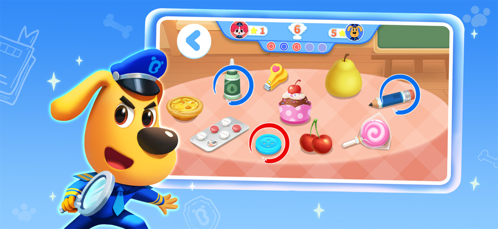 Sheriff Labrador's Safety Tips - Personaje del Sheriff Labrador con una lupa en un juego de concienciación sobre seguridad identificando objetos peligrosos
