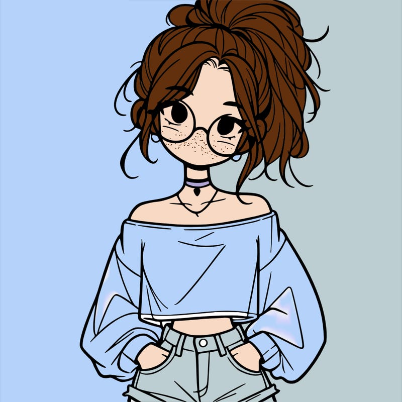 girl with a messy ponytail glasses a baggy crop top and jean shorts