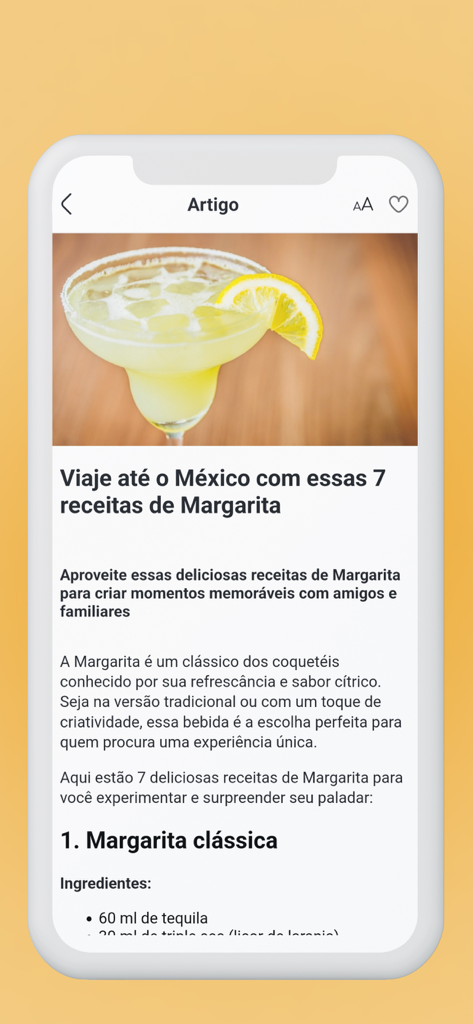 Food Balance - Screenshot of the Food Balance app showing an article with seven margarita recipes and a picture of a classic margarita cocktail with a lemon slice.