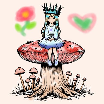 realistic girl sitting on a huge tree stump size toadstool with thorn crown
