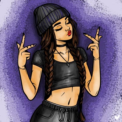 realistic teenage girl with braids and a beanie and crop top doing 🫶🏼