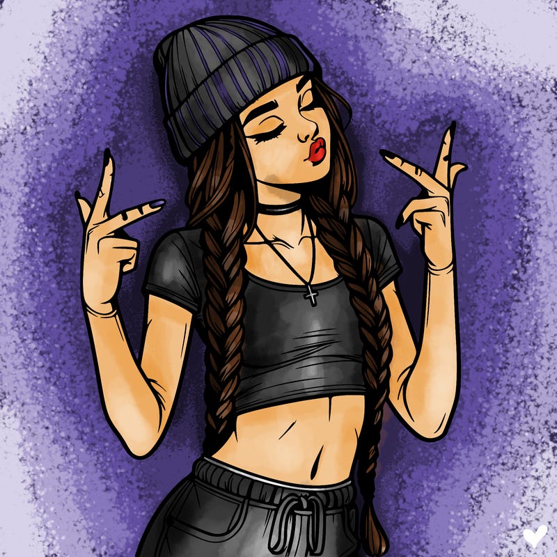 realistic teenage girl with braids and a beanie and crop top doing 🫶🏼