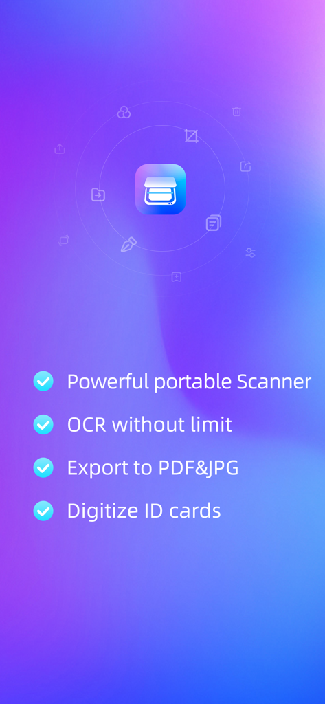 Werbebildschirm für die FP Scanner App, der OCR-, PDF-Export- und Ausweisfunktionen hervorhebt.