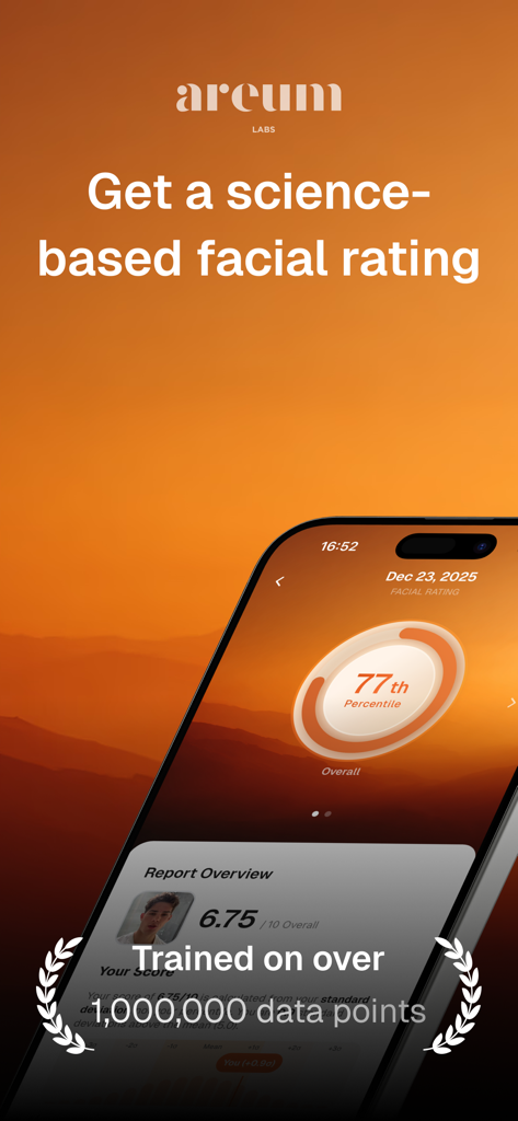 Areum - Captura de pantalla promocional de la aplicación Areum que muestra un informe de calificación facial basado en ciencia en la pantalla de un smartphone