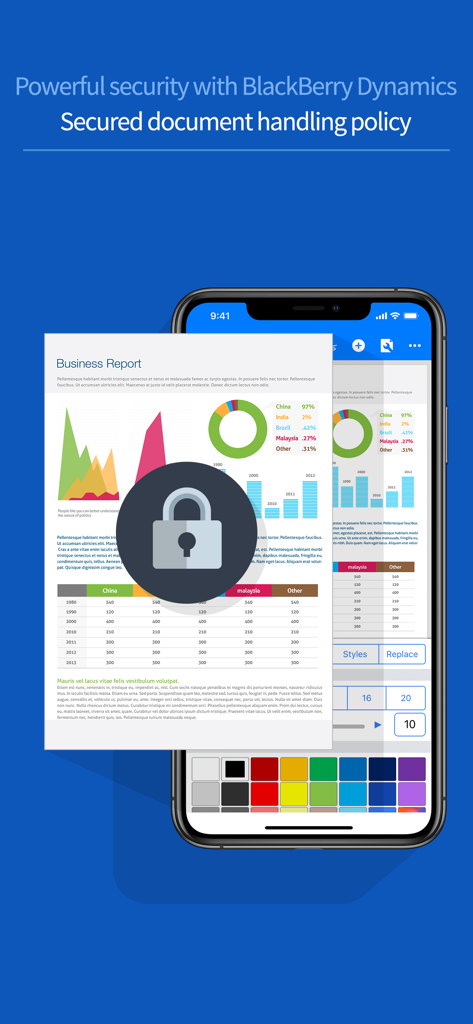 Smartphone screen showing a secure business report with charts and a lock icon in POLARIS Office for BlackBerry
