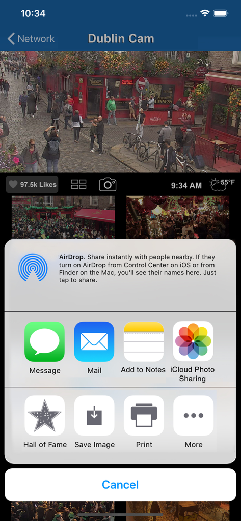Live Dublin webcam feed on EarthCam app with share menu