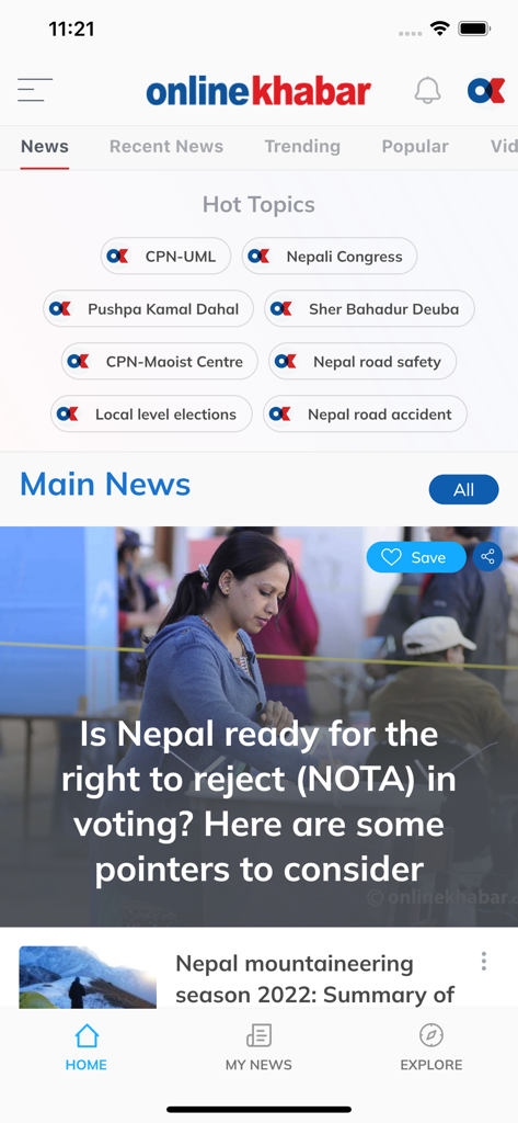 Home screen of the Online Khabar mobile app showing trending news topics and main stories from Nepal
