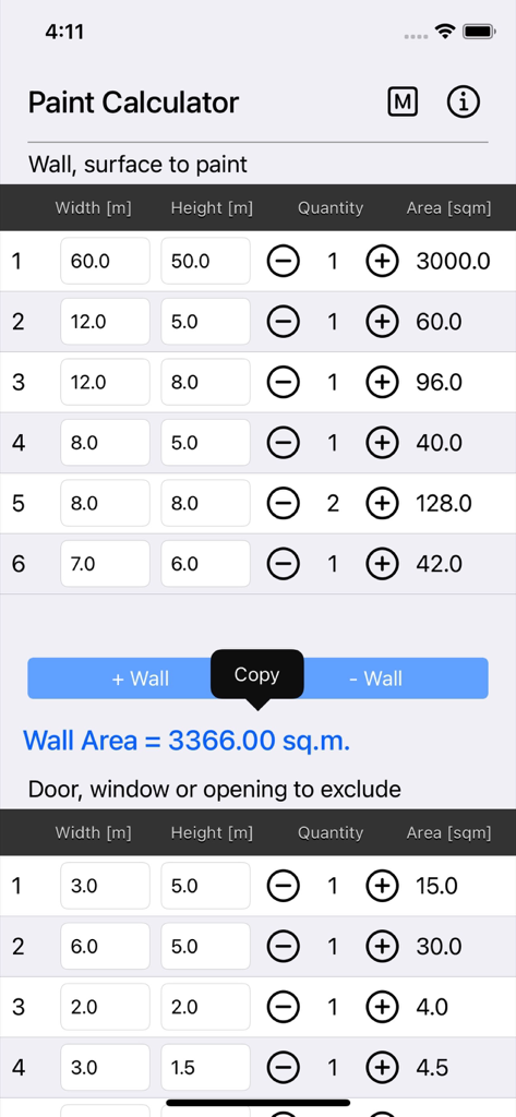 App screen displaying calculated wall area based on width height and excluded openings like doors and windows