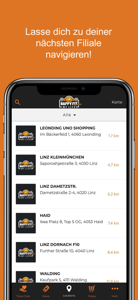 Happy Fit - Interface do aplicativo Happy Fit mostrando uma lista de locais de academias e distâncias