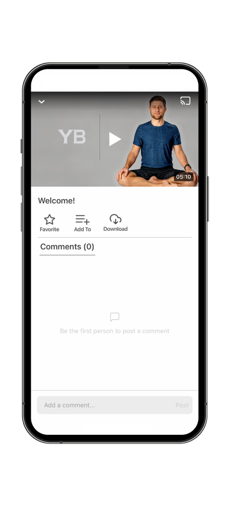 Interfaz del video de bienvenida de la aplicación YOGABODY Daily con el instructor