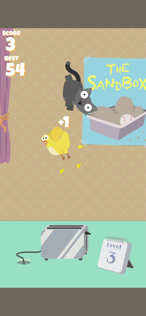 A grey cat flipping in the air above a toaster in the Toasty Crackers mobile game.