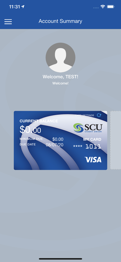 SCU Credit Card - Account summary screen of the SCU Credit Card app showing current balance and due date