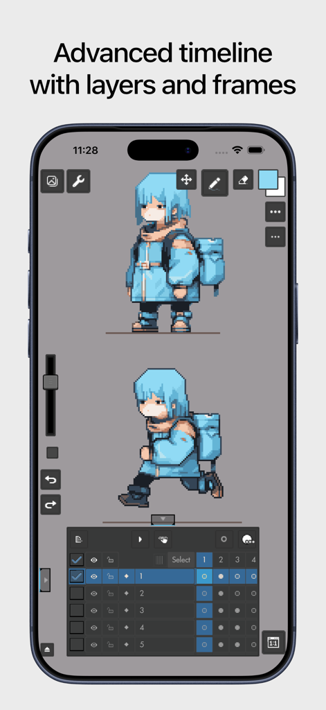 Pixquare app interface showing an advanced animation timeline with layers and frames for a pixel art character