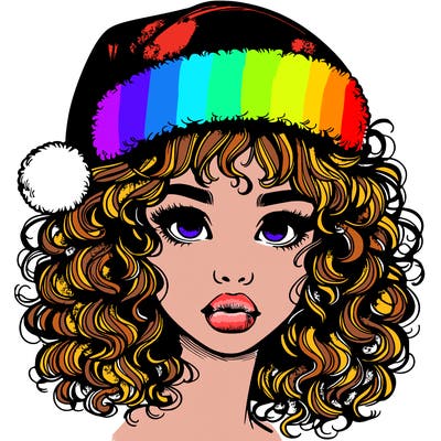 realistic girl with a santa hat curly hair and lips