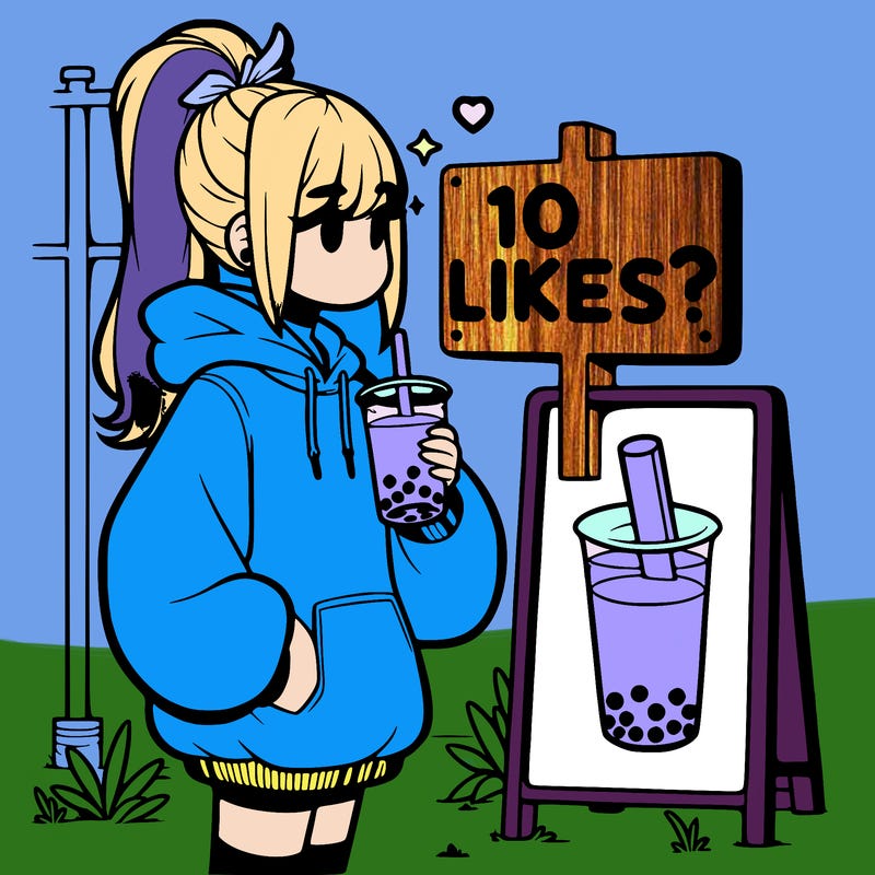 girl with oversized hoodie drinking boba and she has a high ponytail with a sign that says 10likes?