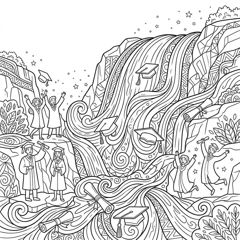 Dive into celebration with this unique coloring page featuring a majestic fan waterfall intertwined with joyous graduation scenes. Perfect for commemorating achievements and inspiring future endeavors with every splash of color.