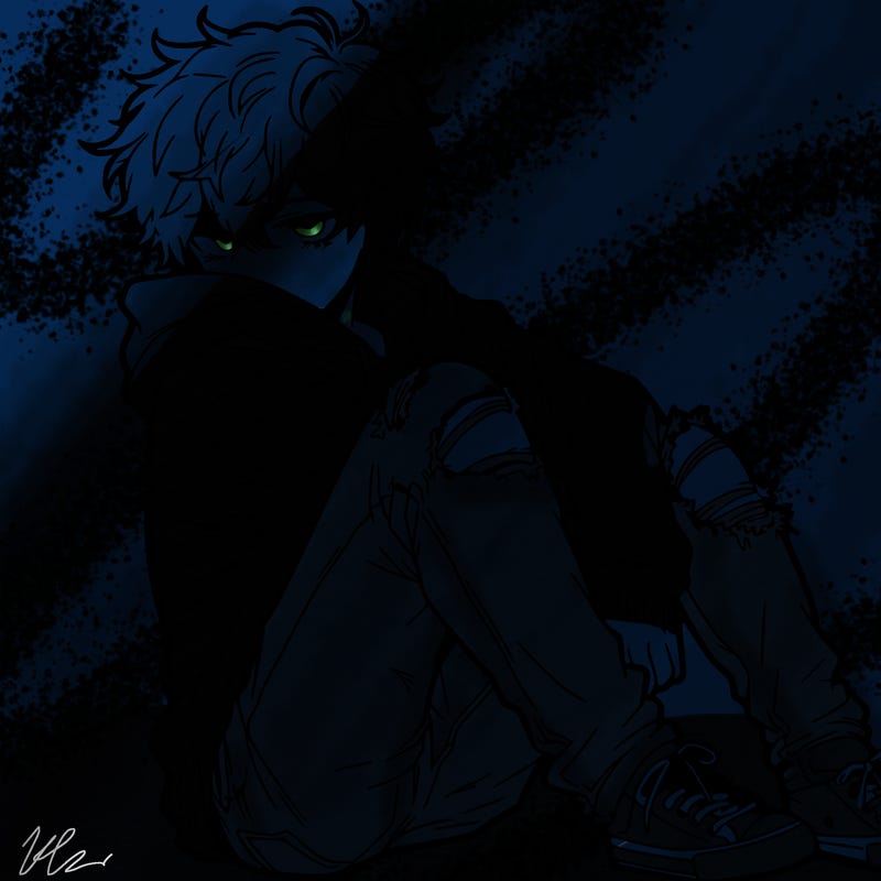 a male hoddie ripped jeans messy hair anime