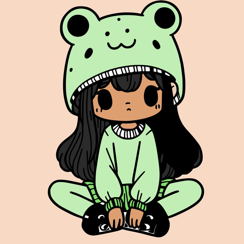 a girl wearing a frog hat and some frog socks