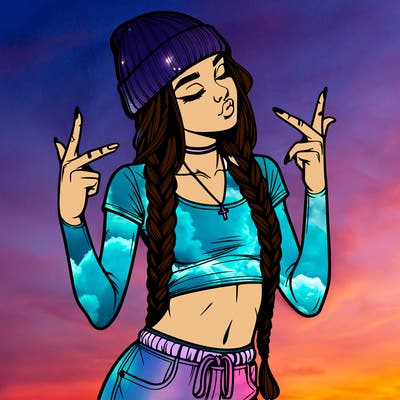 realistic teenage girl with braids and a beanie and crop top doing 🫶🏼