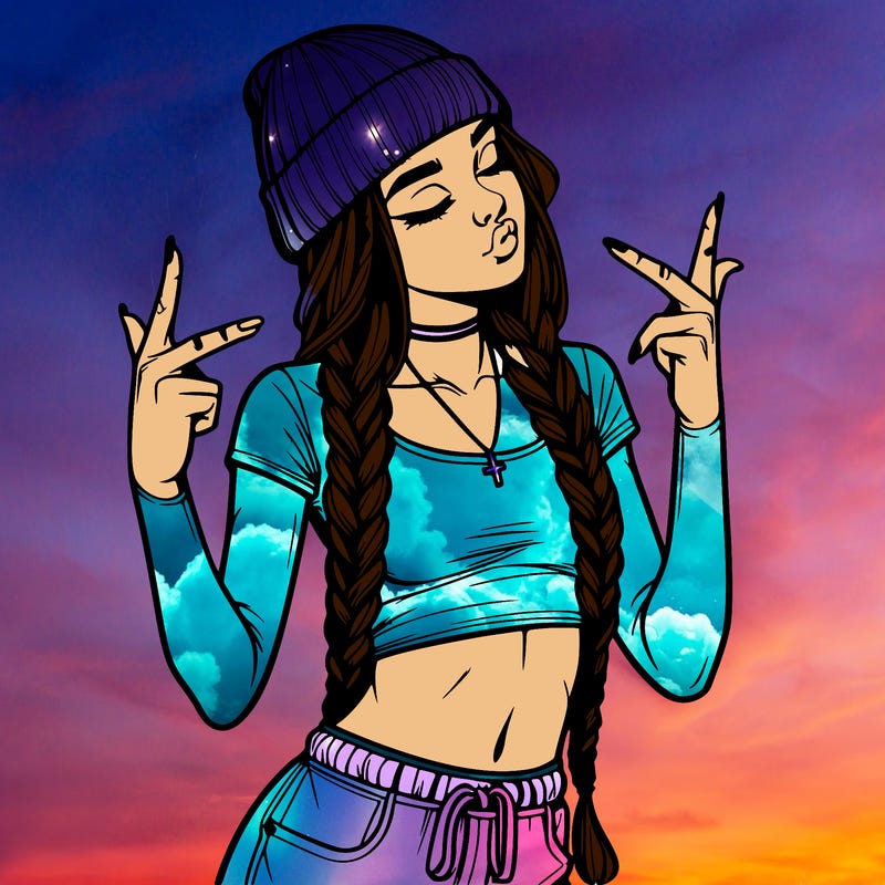 realistic teenage girl with braids and a beanie and crop top doing 🫶🏼