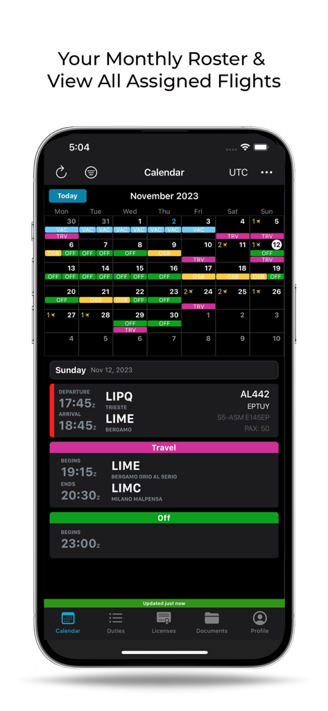 FL3XX Crew - FL3XX Crew mobile app showing a monthly flight roster and detailed assigned flight schedule on an iPhone screen.