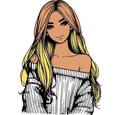 realistic girl with long hair wearing an off the shoulder sweater