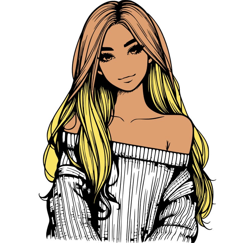 realistic girl with long hair wearing an off the shoulder sweater