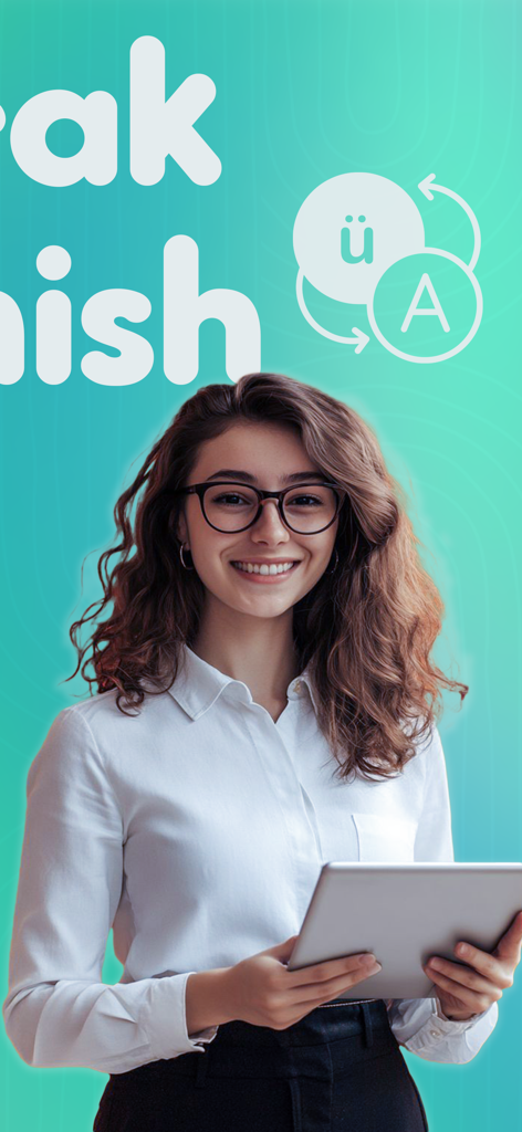 Smiling young woman holding a tablet in front of a Learn Spanish app promotional background
