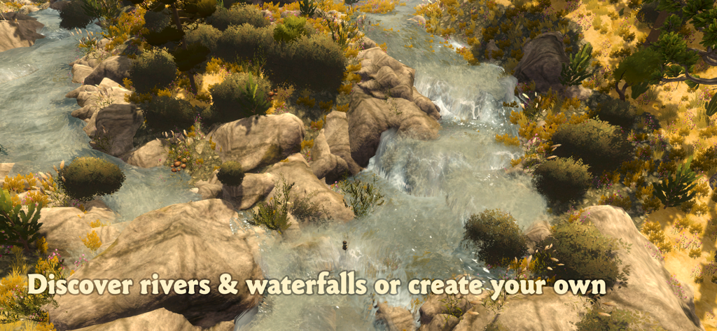 Wilderless: Dune Barrens - A peaceful overhead view of a river with small waterfalls flowing through a rocky desert landscape