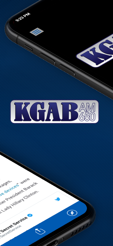 KGAB 650AM mobile app interface featuring local news and radio branding.