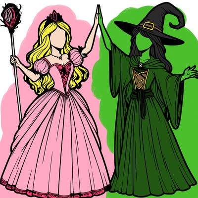 detailed realistic split of a princess and a witch